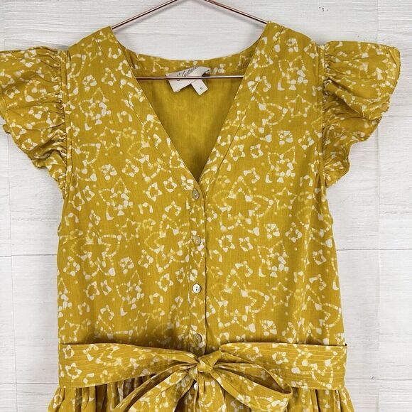 Evereve Cleobella Zia Mini Dress Small Printed Yellow Flutter Sleeve V Neck - Picture 4 of 16